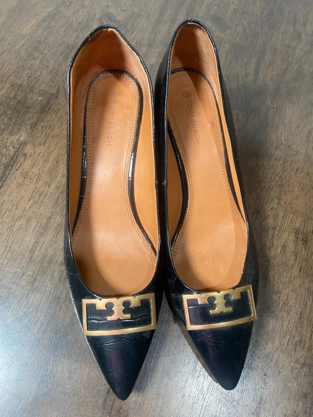Tory Burch Gigi Croc-Embossed Pointed Toe Leather Pumps Size 11